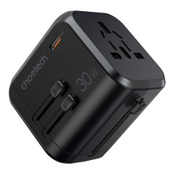  Choetech Travel wall charger Choetech PD5008, 3xUSB-A, 1xUSB-C, GaN, 30W, US/EU/UK/AU (black)