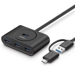  UGREEN UGREEN USB 3.0 + USB-C 3.1 4 portos HUB, OTG (fekete)